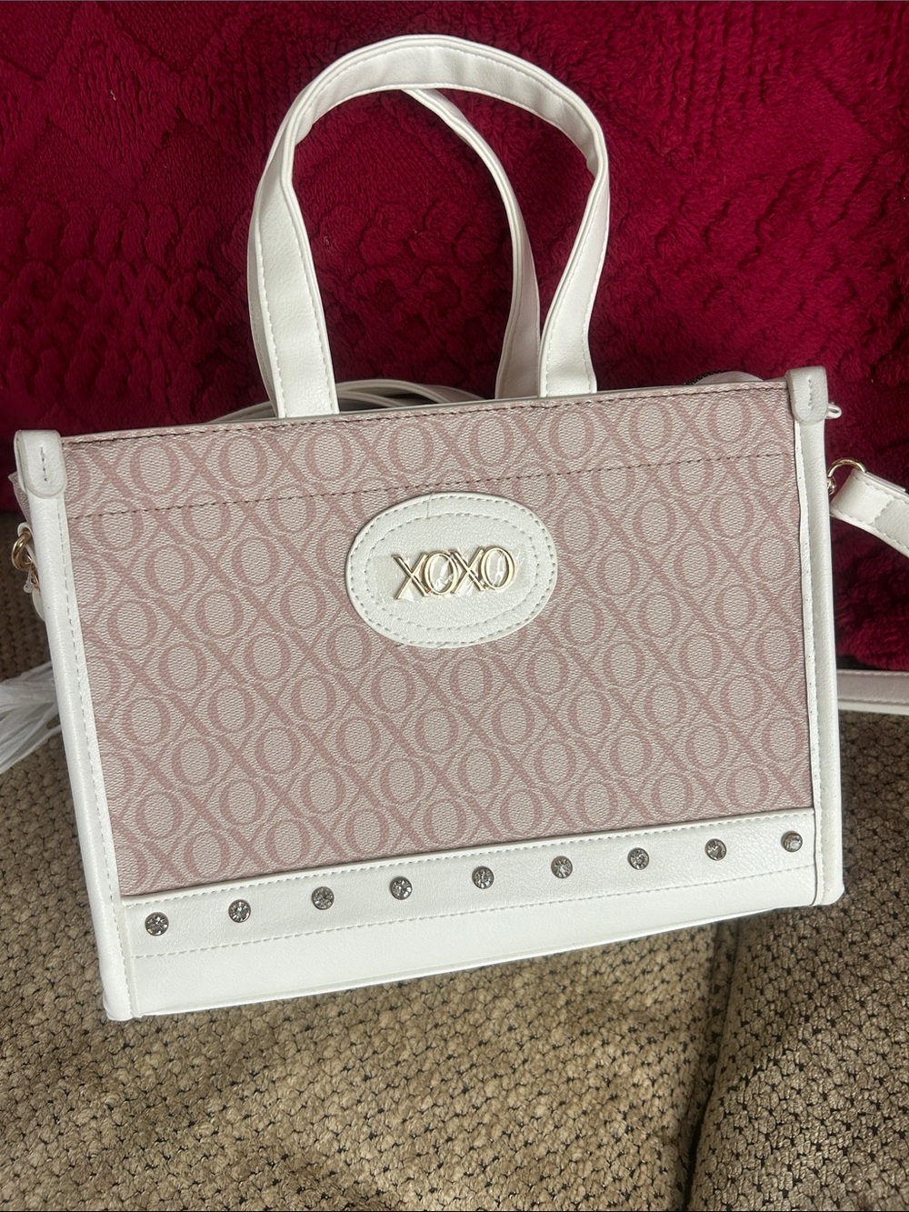 XOXO Vegan Blush Pink & White Satchel with Gold Logo Crystal Gems